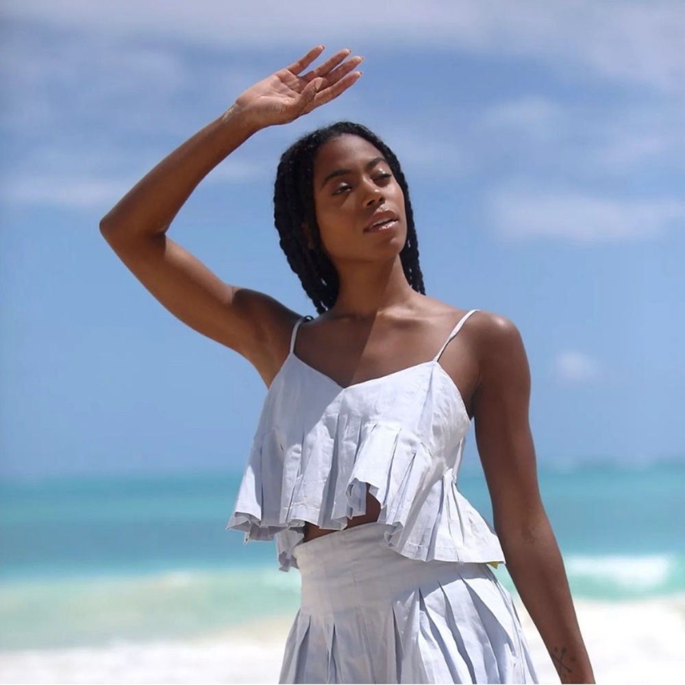 Free People Miki Sky Blue Ruffled Spaghetti Strap Crop Top